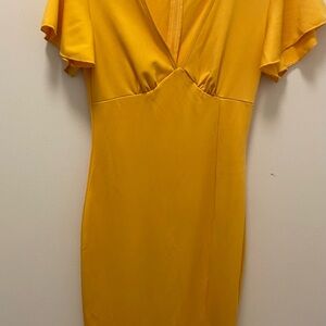 SHEIN Yellow V-Neck Midi Dress with Flutter Sleeves